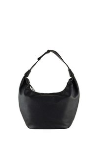 Borsa a spalla in pelle nera con una finitura testurizzata, forma morbida e tracolla regolabile. Presenta una chiusura con zip e un dettaglio di branding minimale.