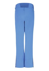 Light blue trousers with a smooth texture, featuring a smocked waistband, tapered legs, and side slits at the hem for enhanced fit.