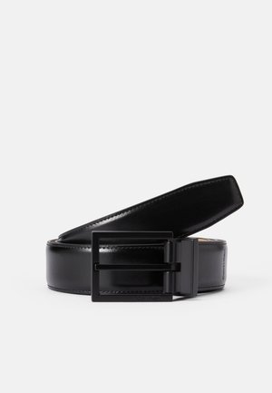 Black leather belt with a smooth finish, featuring a square black metal buckle. The belt has subtle stitching and a classic design.