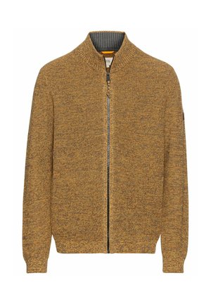 Strikket cardigan i varieret sennepsgul, med høj krave, fuld lynlås og ribbede manchetter og kant. Minimalistisk design uden mønstre.