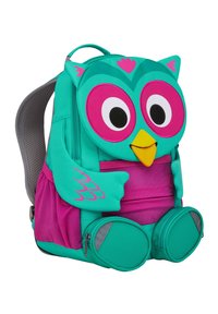 Eulenmotiv-Kinderrucksack in Türkis und Pink, mit großen Augen, Flügeln als Seitentaschen und einem Schnabel. Aus strapazierfähigem Stoff hergestellt.