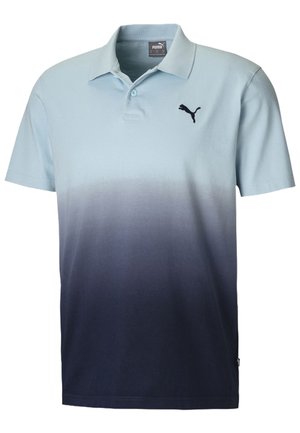 Poloshirt in Hellblau mit Navy-Verlauf, aus Baumwolle; mit Kragen, kurzen Ärmeln und einem schwarzen Logo auf der linken Brust.