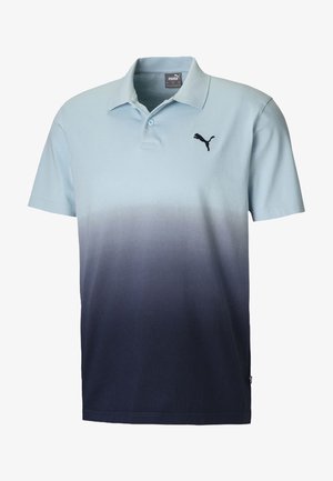 Poloshirt in lichtblauw tot marineblauw verloop, gemaakt van katoen; voorzien van een kraag, korte mouwen en een zwart logo op de linkerborst.