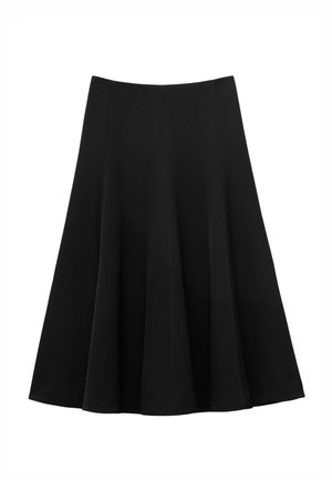Jupe évasée noire en tissu lisse. Elle présente une taille haute, un design plissé et un ourlet à hauteur du genou. Aucun matériel visible ni motif.