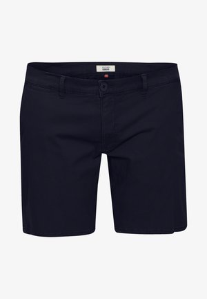 Tengeréskék, pamut keverék szövetből készült short, gombos záródással, sima elöl, oldalsó zsebekkel, tiszta varrási részletekkel.