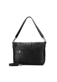 Borsa a spalla in pelle nera con tracolla rimovibile, tasca con zip sul davanti e superficie testurizzata.