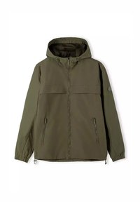 Oliwkowa kurtka z kapturem wykonana z lekkiego materiału. Posiada pełny zamek, dwie przednie kieszenie oraz regulowane sznurki przy kapturze i mankietach.