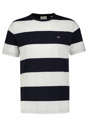 Navy- und weiß gestreifes Baumwoll-T-Shirt mit Rundhalsausschnitt und kurzen Ärmeln. Verfügt über ein kleines Logo auf der Brust. Weicher Stoff.