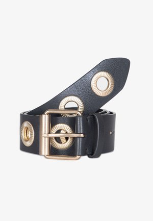 Black leather belt with circular gold accents, featuring a gold buckle and a textured finish. Adjustable length with a smooth edge.