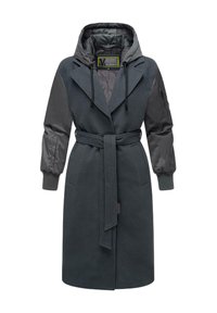 Long coat in dark gray with a fitted design, a belted waist, and a hood. Features contrasting gray puffy sleeves and two front pockets.