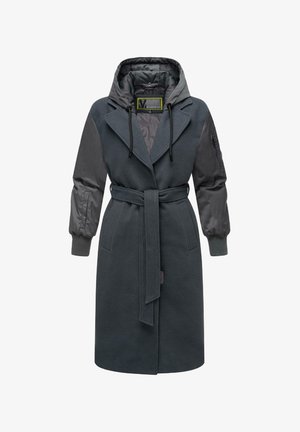 Manteau long en gris foncé avec un design ajusté, une taille ceinturée et une capuche. Présente des manches bouffantes grises contrastées et deux poches frontales.