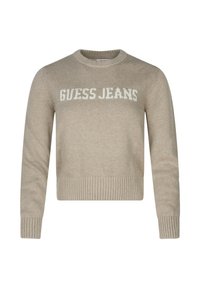 Maglione cropped beige realizzato in tessuto a maglia, con collo e polsini a coste. Logo "GUESS JEANS" ben visibile in bianco.