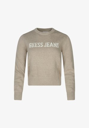 Maglione cropped beige realizzato in tessuto a maglia, con collo e polsini a coste. Logo "GUESS JEANS" ben visibile in bianco.
