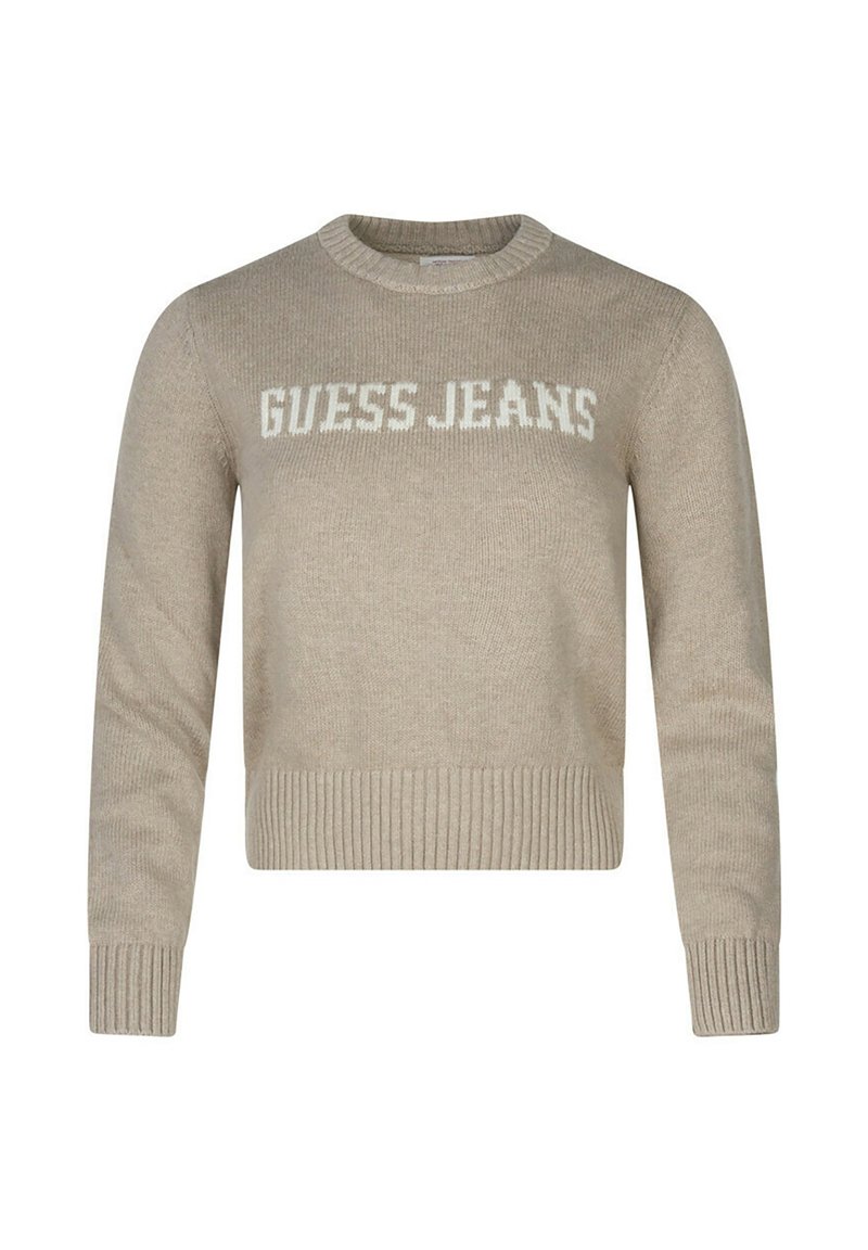 Maglione cropped beige realizzato in tessuto a maglia, con collo e polsini a coste. Logo "GUESS JEANS" ben visibile in bianco.