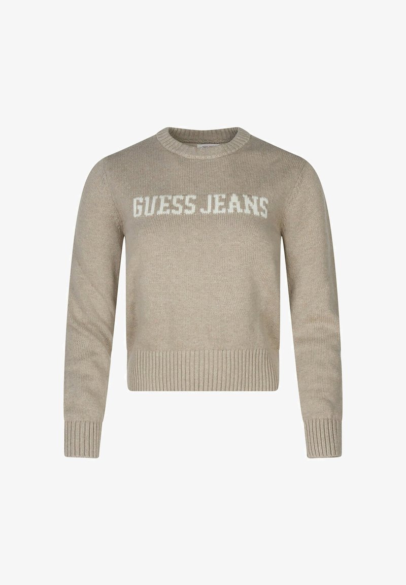 Maglione cropped beige realizzato in tessuto a maglia, con collo e polsini a coste. Logo "GUESS JEANS" ben visibile in bianco.