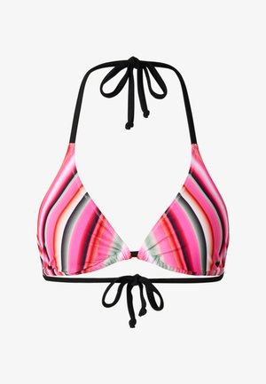 Bikini-Oberteil mit Neckholder und Rückenbändern, das lebendige diagonale Streifen in Pink, Rot, Weiß und Schwarz zeigt.