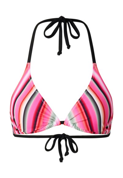 Haut de bikini avec col halter et liens à nouer dans le dos, présentant des rayures diagonales vibrantes en rose, rouge, blanc et noir.
