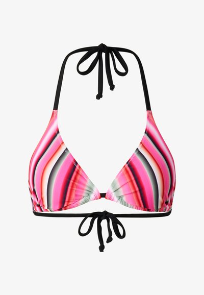 Haut de bikini avec col halter et liens à nouer dans le dos, présentant des rayures diagonales vibrantes en rose, rouge, blanc et noir.