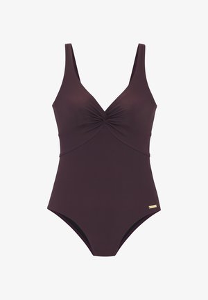 Tmavofialové jednodielne plavky so skrúteným detailom vpredu a širokými ramienkami, s malou zlatou značkovou štítkou pri bokoch.