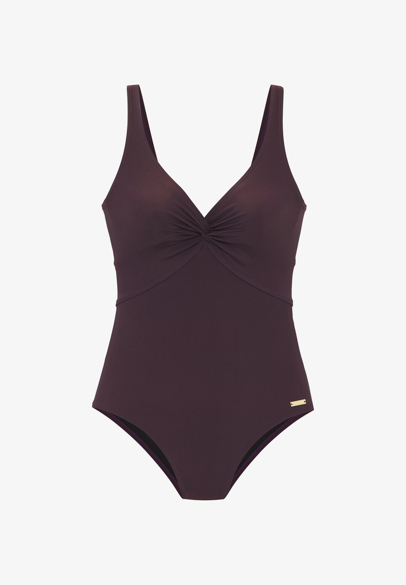 Bañador de una sola pieza en color púrpura oscuro con detalle frontal retorcido y tirantes anchos, que presenta una pequeña etiqueta dorada de la marca cerca de la cadera.