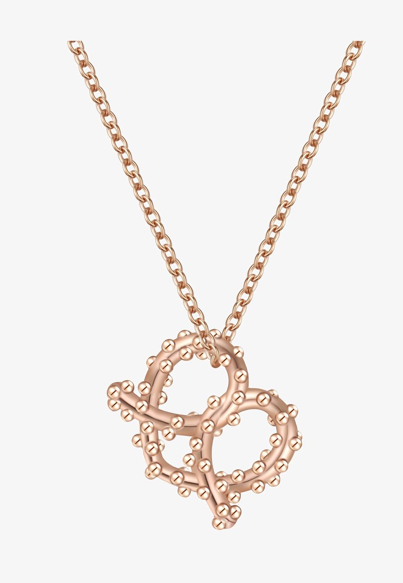 Náhrdelník z ružového zlata, ktorý má textúrovaný, skrútený prívesok v tvare srdca ozdobený malými guľatými nitmi, zavesený na prepojenej retiazke.
