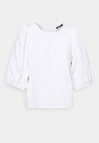 Bílá, krátká blůza s krátkým rukávem vyrobená z bavlny, s kulatým výstřihem a nabíranými rukávy. Má klíčovou dírku na zadním dílu a hladkou strukturu.