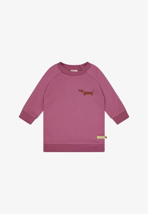Rosa Sweatshirt mit langen Raglanärmeln. Verfügt über ein braunes gesticktes Dackel-Design auf der Brust und einen kontrastierenden Saum.