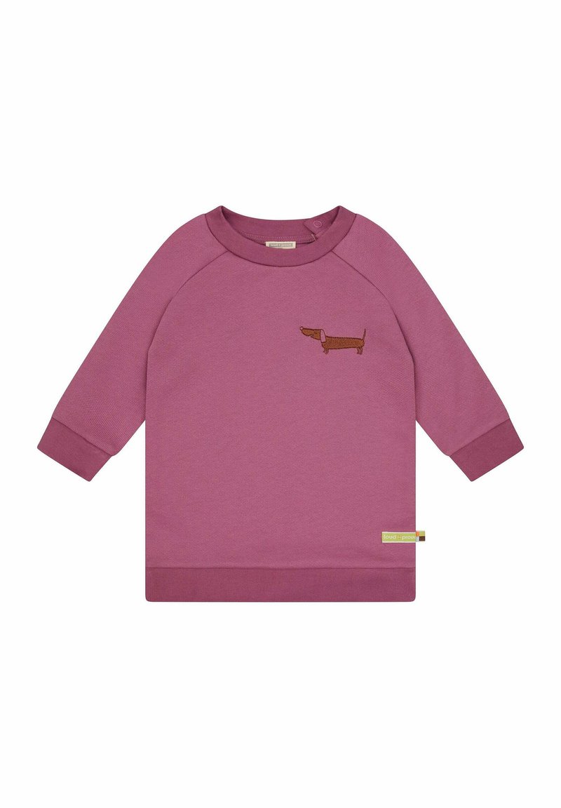 Felpa rosa con maniche lunghe raglan. Presenta un design ricamato di un bassotto marrone sul petto e un orlo inferiore a contrasto.