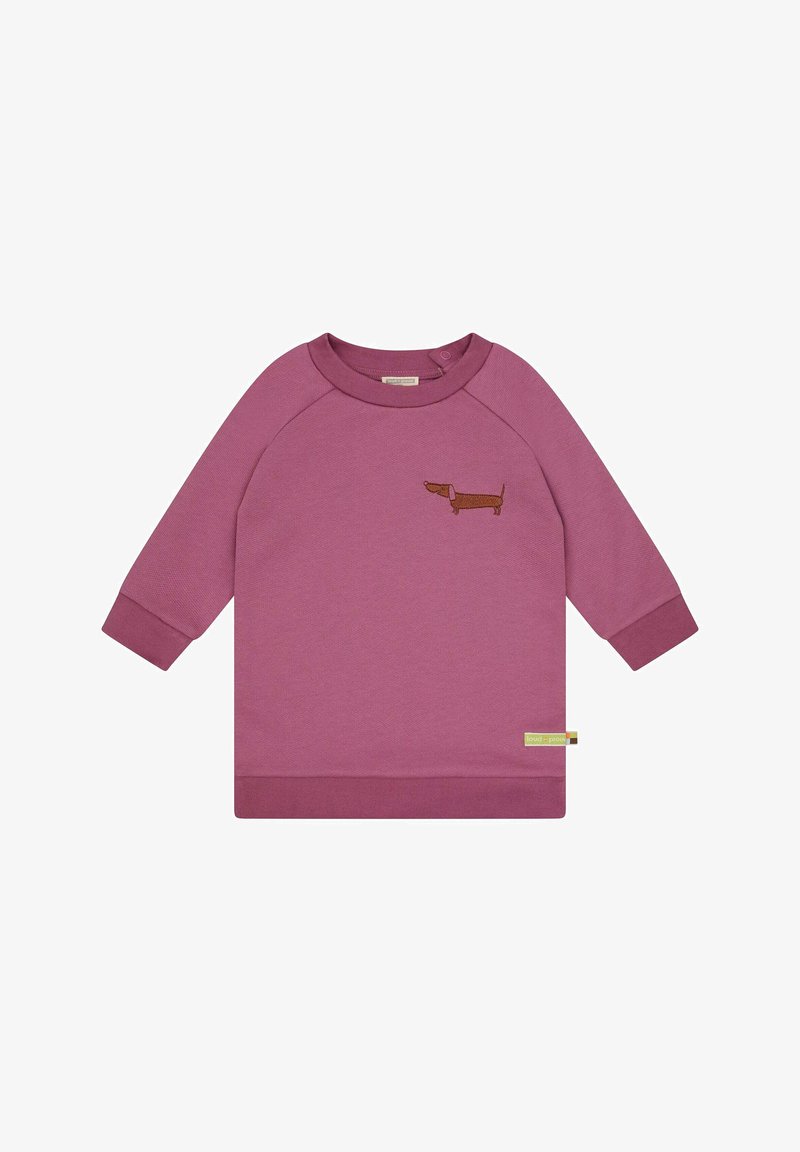 Felpa rosa con maniche lunghe raglan. Presenta un design ricamato di un bassotto marrone sul petto e un orlo inferiore a contrasto.