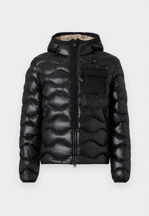 Black puffer jacket with a hood, quilted design, zipper front, and a chest pocket. Features shiny, textured fabric with elastic cuffs.