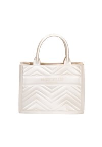 Borsa a tracolla bianca trapuntata con motivo a zig zag, dotata di due manici robusti e logo stampato sulla parte anteriore in un design elegante.
