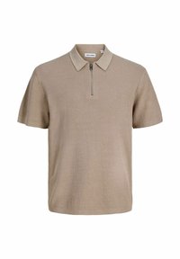 Polo beige à manches courtes en maille avec un motif texturé et une courte fermeture éclair à l'avant sous le col, marqué Jack & Jones.