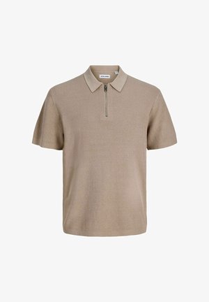 Beige short-sleeve knit polo shirt with a textured pattern and a short front zipper under the collar, labeled Jack & Jones.
