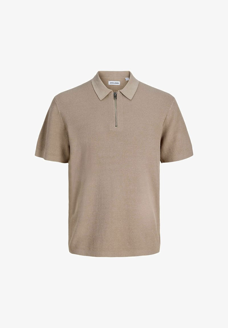Polo beige à manches courtes en maille avec un motif texturé et une courte fermeture éclair à l'avant sous le col, marqué Jack & Jones.