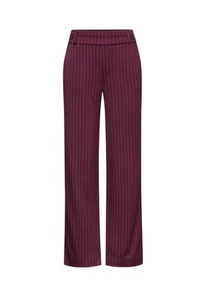 Burgundy bredde benbukser med lodrette hvide striber, som har et glat stof, en flad talje og dekorative knapper øverst.