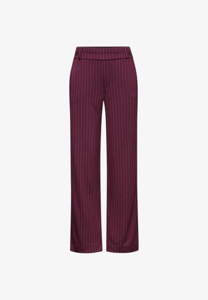 Bordeaux wijde broek met verticale witte streepjes, gemaakt van een fijne stof, met een platte tailleband en decoratieve knopen aan de bovenkant.