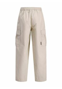 Pantalon cargo beige avec taille élastique et poches latérales à rabat, présenté sur fond blanc.