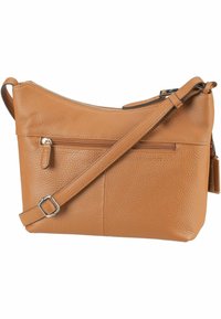Braune Leder-Crossbody-Tasche mit strukturiertem Finish. Verfügt über einen oberen Reißverschluss und eine vordere Tasche mit Reißverschluss, verstellbarem Gurt und silbernem Zubehör.