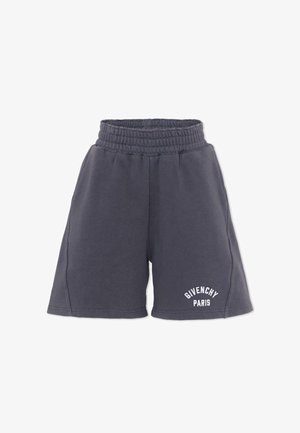 Ciemnoszare szorty z elastycznym pasem, z białym logo „Givenchy Paris” nadrukowanym na dolnej lewej nogawce, z bocznymi szwami i luźnym krojem.