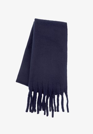 Marineblauwe sjaal, gemaakt van zacht materiaal, heeft een effen ontwerp en franjes aan de uiteinden voor textuur.