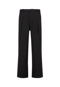 Pantalon noir droit avec passants de ceinture, fermeture par bouton à l'avant et plis subtils à la taille, présenté sur fond blanc uni.