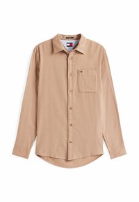 Light brown long-sleeve shirt in a textured fabric with a button front, pointed collar, single chest pocket, and curved hem.