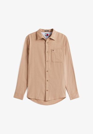 Hellbraune Langarmbluse aus strukturiertem Stoff mit durchgehender Knopfleiste, spitzem Kragen, einer Brusttasche und abgerundetem Saum.