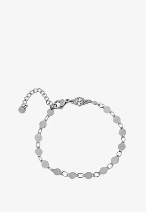 Bracciale in argento con anelli circolari, chiusura a moschettone e un'estensione decorativa a catena con un charm a motivo floreale.