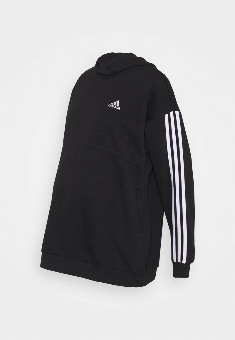 Sweat à capuche Adidas noir avec un design à trois bandes blanches sur la manche droite, poche zippée à l'avant et petit logo Adidas sur la poitrine.