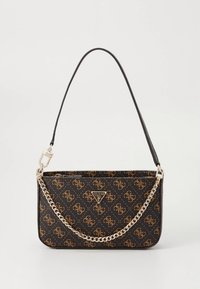 Melnas sintētiskas rokassomas ar brūnu logotipa rakstu, sudraba ķēdes siksnu un logotipa akcentu. Taisnstūra forma ar gludu tekstūru.