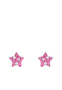 Orecchini a forma di stella rosa adornati con piccoli cristalli rosa e trasparenti, con uno sfondo argentato lucido. Design compatto e texturizzato.