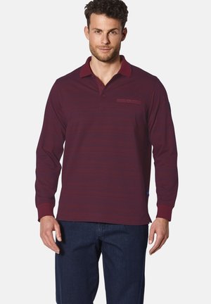 Bordeauxfarbenes Polohemd mit langen Ärmeln, kragen und Knopfleiste, sowie einer Brusttasche. Weicher Stoff mit dezenten horizontalen Streifen.