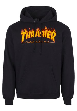Sudadera negra con el logo de "Thrasher Magazine" en un brillante color amarillo con acentos en llama. Confeccionada en tela suave, cuenta con un bolsillo frontal y capucha con cordones.