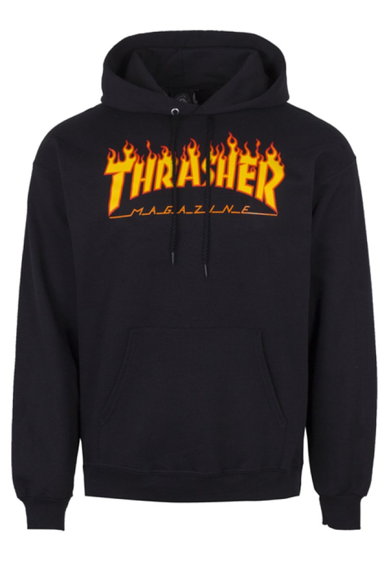 Sudadera negra con el logo de "Thrasher Magazine" en un brillante color amarillo con acentos en llama. Confeccionada en tela suave, cuenta con un bolsillo frontal y capucha con cordones.